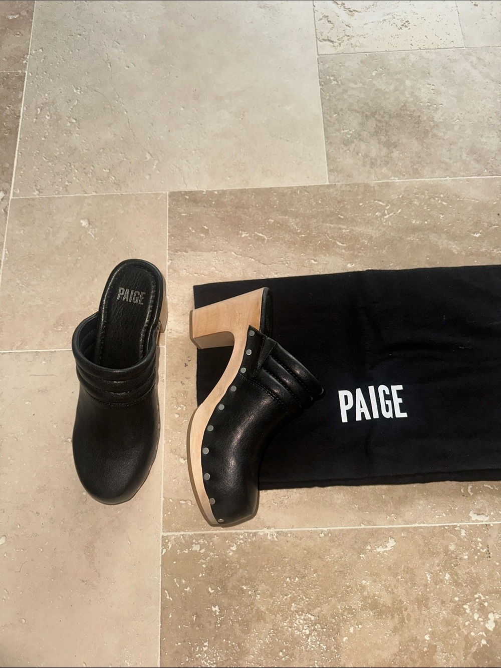 PAIGE Black Leather Studded Wood-Platform Clogs
